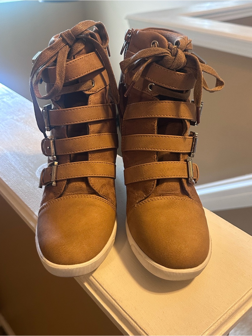 Shoe Dazzle Tan Lace-Up Wedge Sneaker Boots with Buckles - Picture 2 of 6